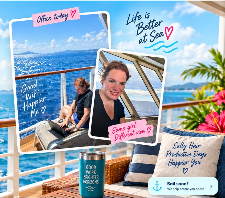 Kellie working remote from a cruise ship deck — photo collage: Office today, Life is Better at Sea